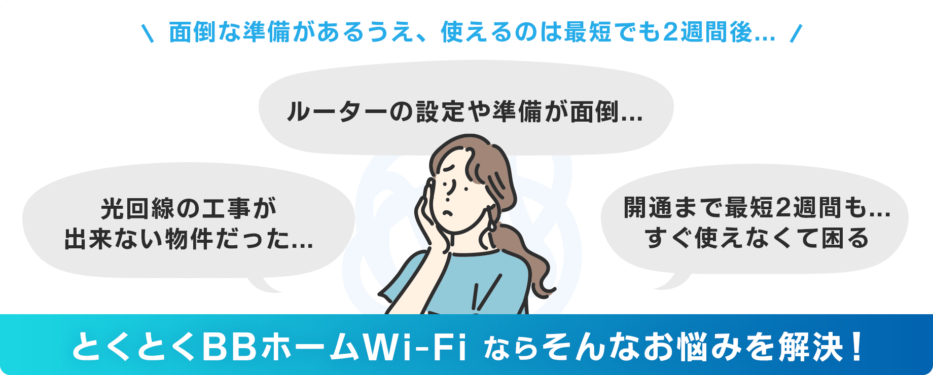 ルーター設定、工事、開通待ち、使えるのは最低でも2週間後… とくとくBBホームWi-Fiならそんなお悩みを解決!